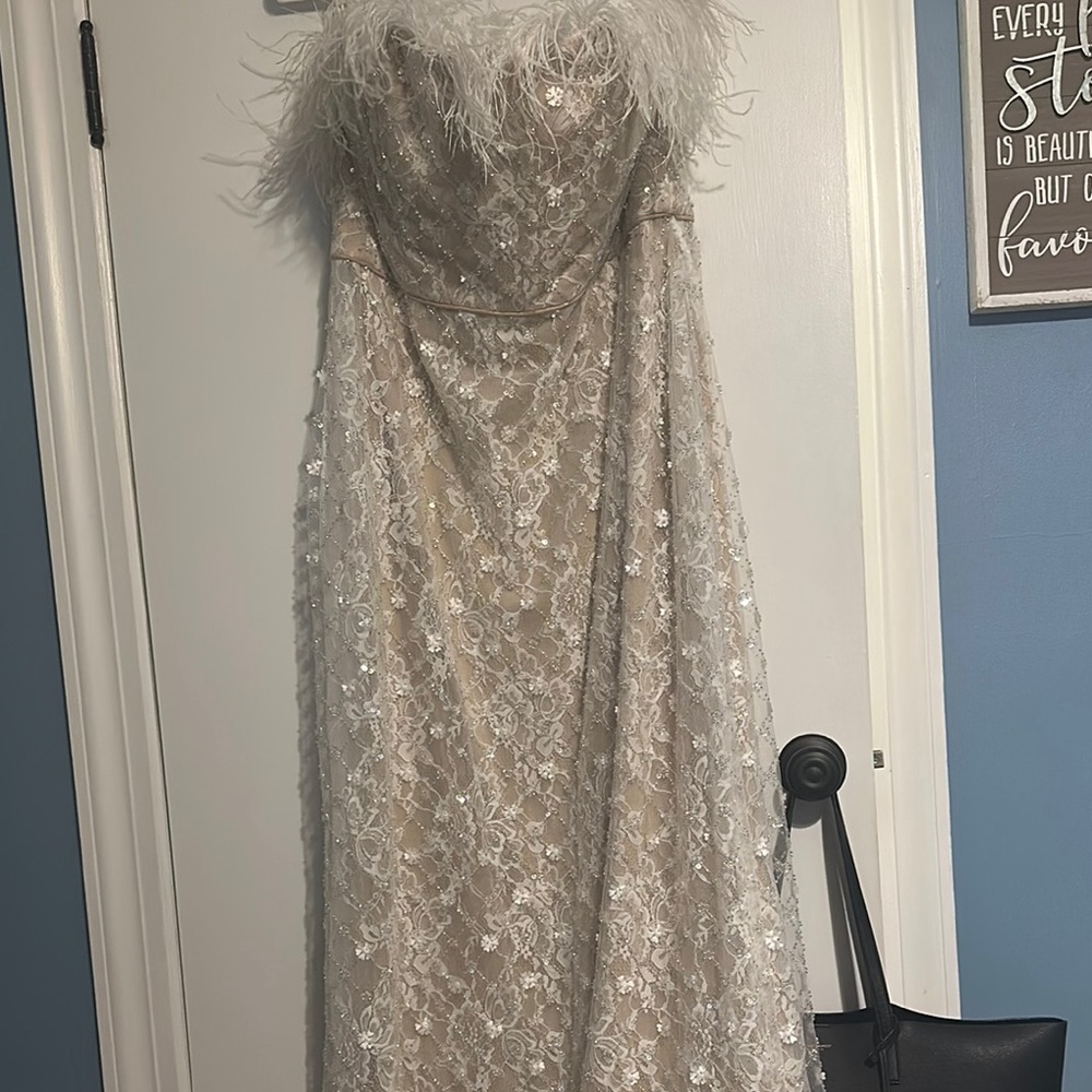 Mac Duggal Cream Feather-Trimmed Dress